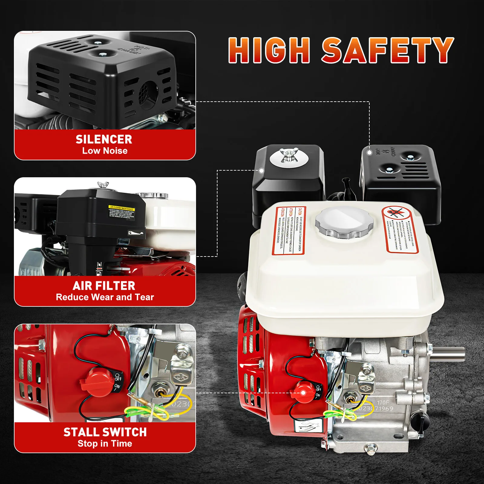 Cilindro singolo raffreddato ad aria OHV per motore a gas a 4 tempi per Honda GX160 6.5HP 160cc Rosso GE-1001