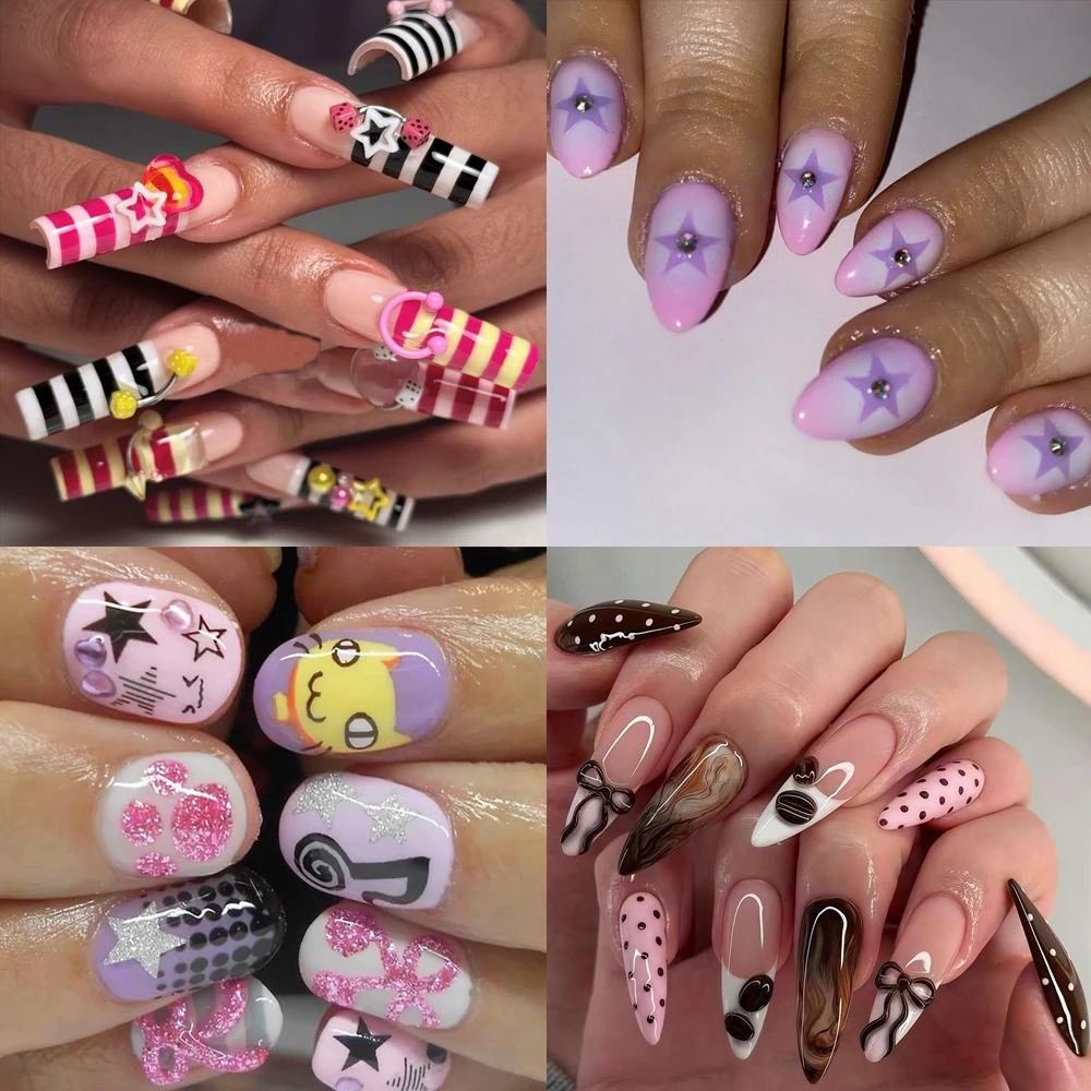 

10Pcs Sweet Lovely Handmade Press On Nails 3D Bowknot Flowers Hand-Drawn Pearl Polka Point Customizable Wearable Full Cover Nail