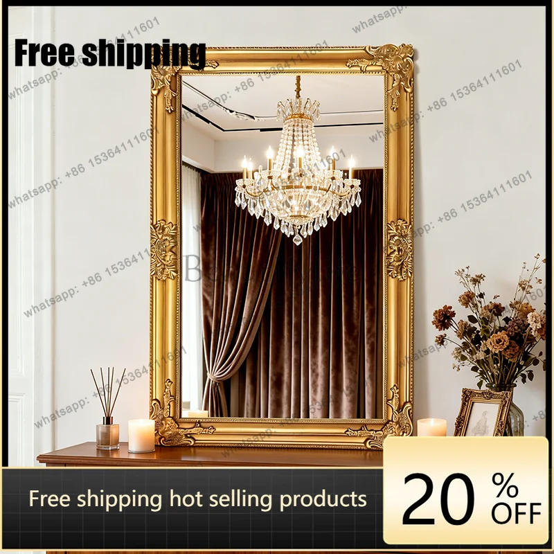French retro wall fireplace decorative mirror carved background wall European makeup bathroom mirror