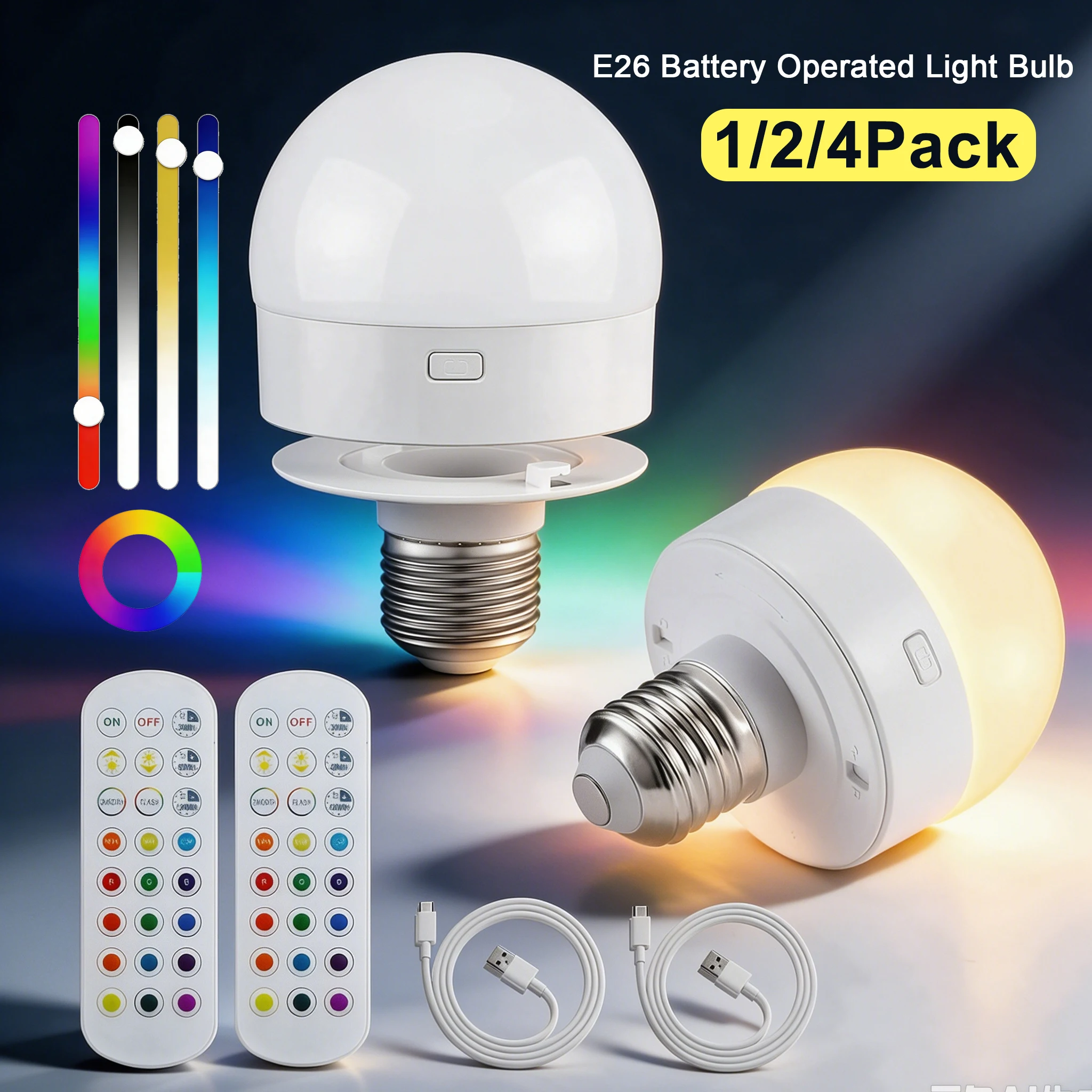 1/2/4 Pack E26 USB 5V Magnetic Rechargeable LED Light Bulb RGB/CW Color Dimmable Camping Equipment Party For Home LED Lamp Room