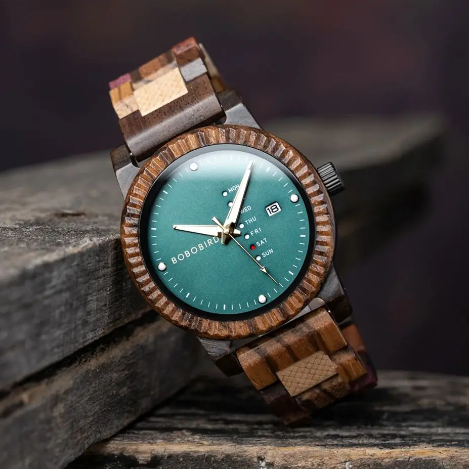 BOBO BIRD Reloj de pulsera de madera para hombre, accesorio de pulsera de estilo informal con indicador de semana y fecha, personalizado, envío