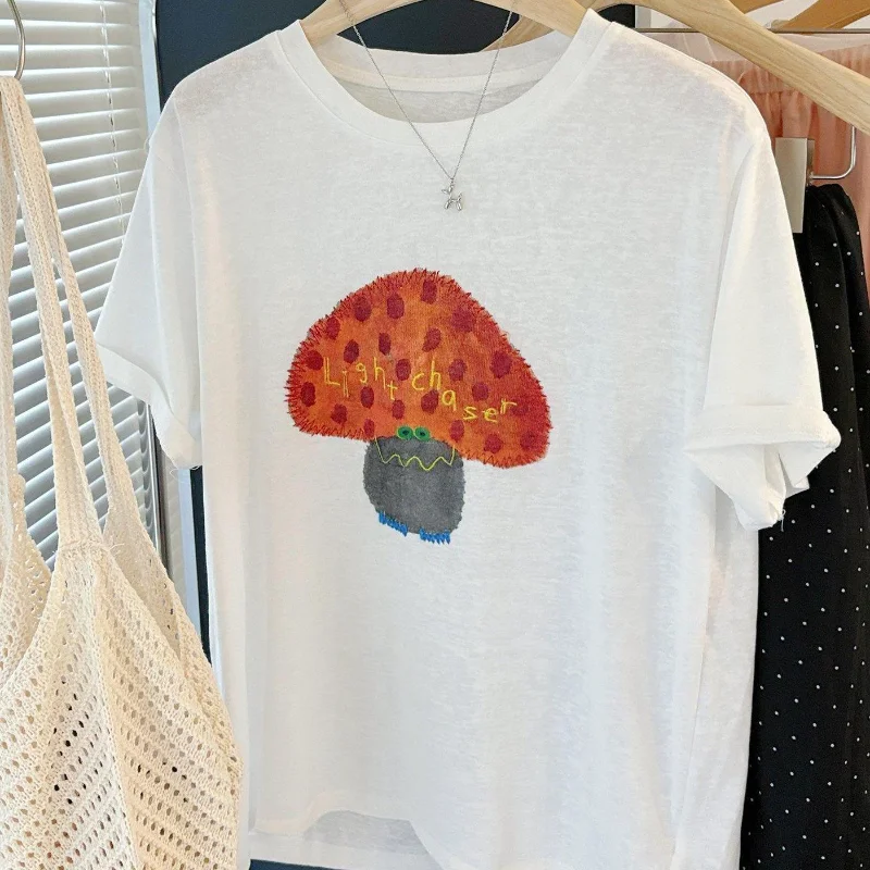 Breathable Snowflake Hemp Cotton Mushroom Print Loose Short-sleeved T-shirt For Men And Women New Summer Tops