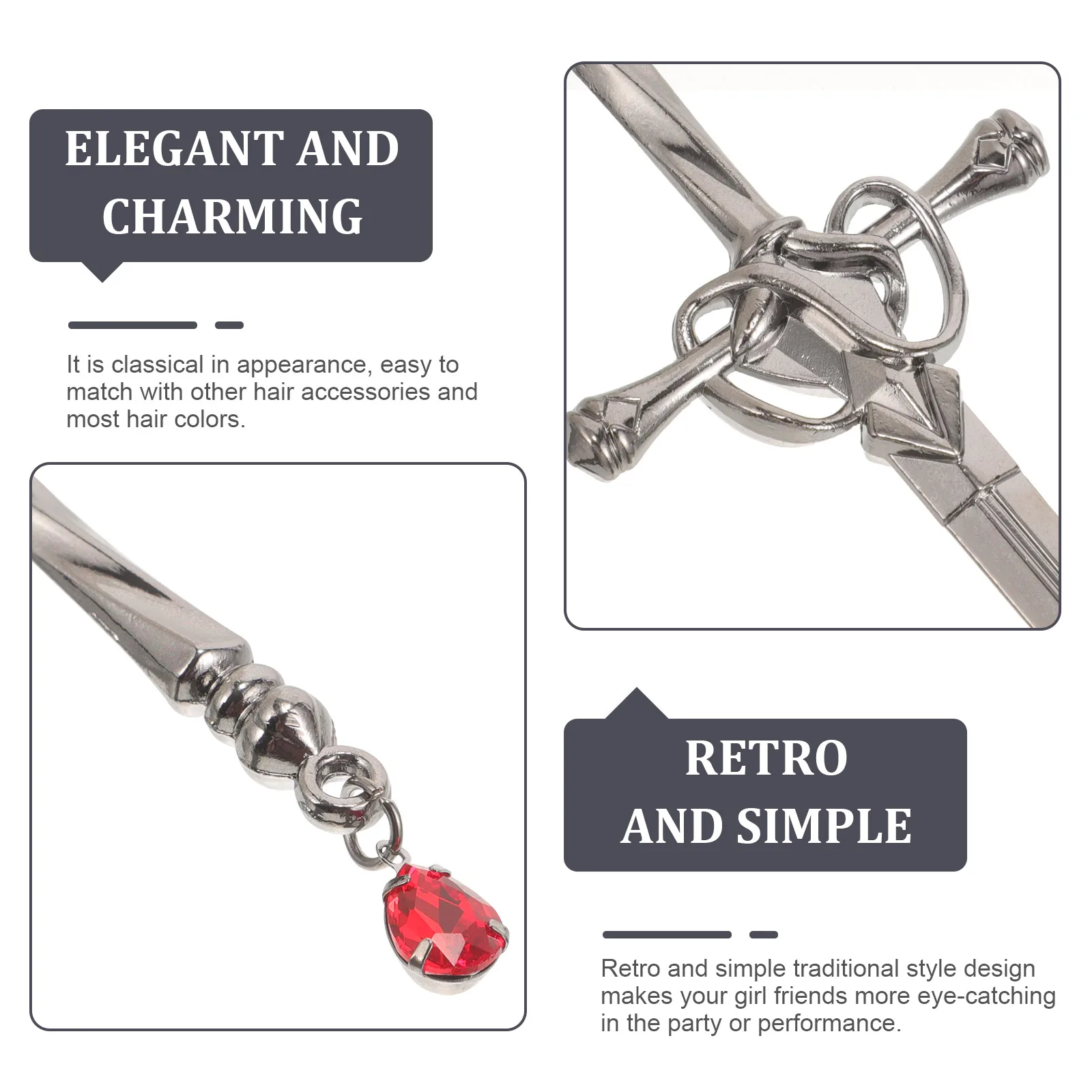 

4pcs Chopsticks Vintage Metal Sticks for Buns Women Accessories Retro Red Gemstone Long Hair Hanfu Style Hair Bun Tools