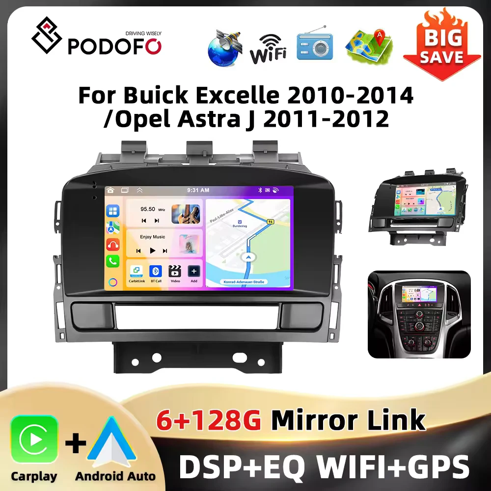 Radio samochodowe Podofo 6+128G 7'' do Buick Excelle 2010-2014/Opel Astra J 2011-2012 Odtwarzacz multimedialny WIFI Carplay Android Auto GPS