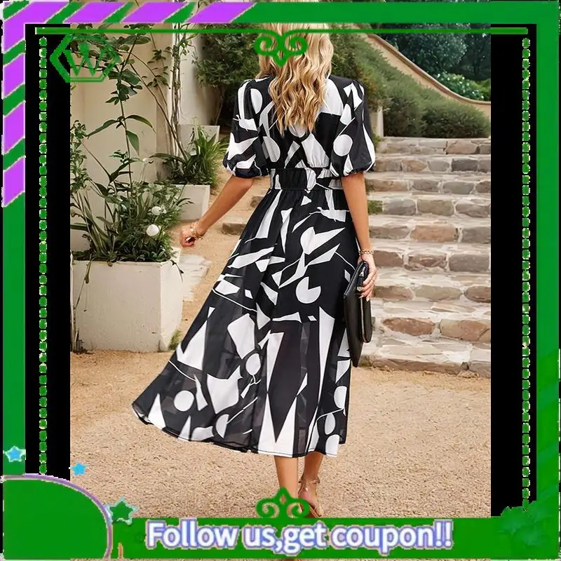 A18P-Damskie letnie sukienki 2025 Casual Puff Short Sleeve V Neck Floral Boho Maxi Dress