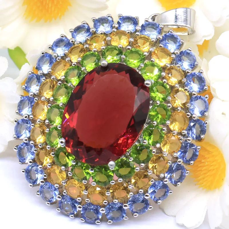 

49x37mm Multi Color Big Size Created Pink Tourmaline Peridot Citrine Violet Tanzanite CZ Woman's Dating Silver Plated Pendant