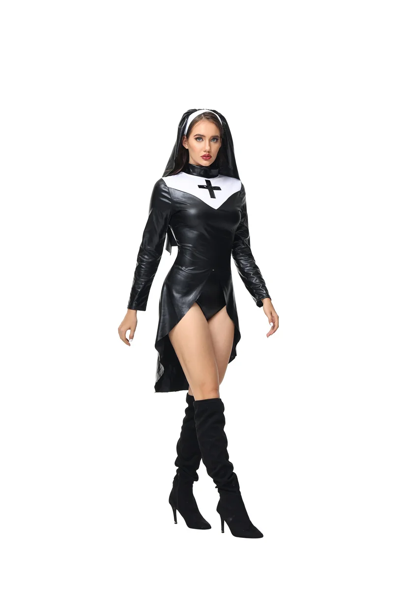 Black PU Faux Leather Sexy Nun Costume Carnival Halloween Church Religious Convent Cosplay Fancy Party Dress