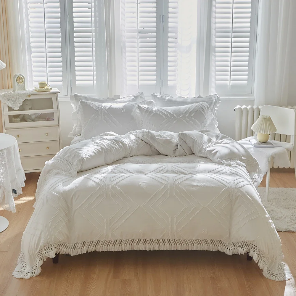 Boho Large Square Grid Cutting Flowers Duvet Cover Set Queen Bohemia with Tassel Bedding Set King Soft Grace Comforter Cover Set