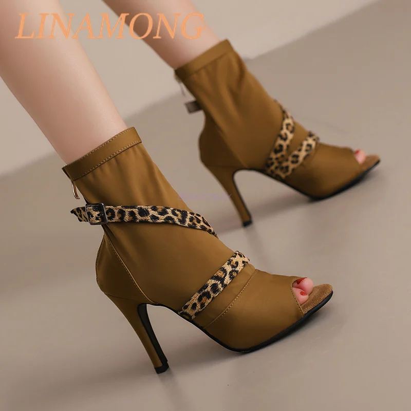 

Elastic Fabric Fish Mouth Cool Boots Belt Buckle Decorative Splicing Rear Zipper Design Jazz Dance Slim High-Heeled Shoes