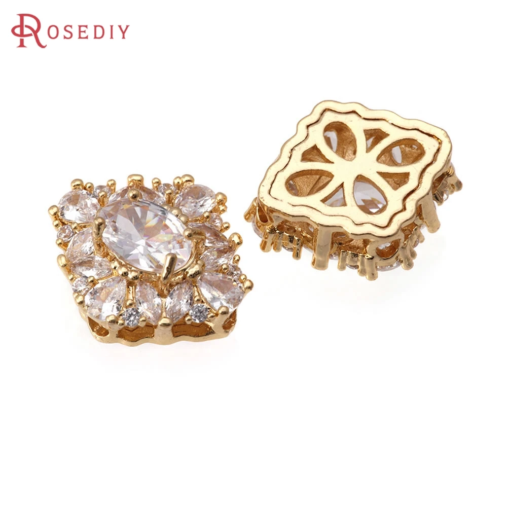 2PCS 18K Gold Color Brass and Zircon Rhombus Spacer Beads Bracelets Beads High Quality Diy Necklace Earrings Making Accessories