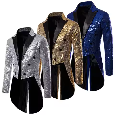 Silver Sequined Tailcoat Suit for Men, Fashion Singer, Magician, Pianist, Stage Performance Luxurious Dress Blazers