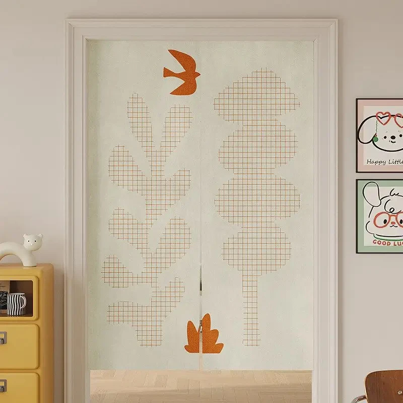 VIKAMA Blue Swallow Grid Leaf Noren Door Curtain, 6 Designs, Doorway Decor for Bedroom Living Room Kitchen