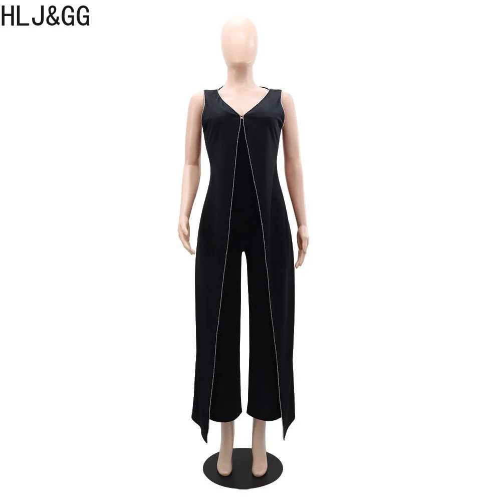 HLJ & 227-Combinaison pantalon à jambes larges pour femme, combishort irrégulier, mode élégante, décolleté plongeant en V