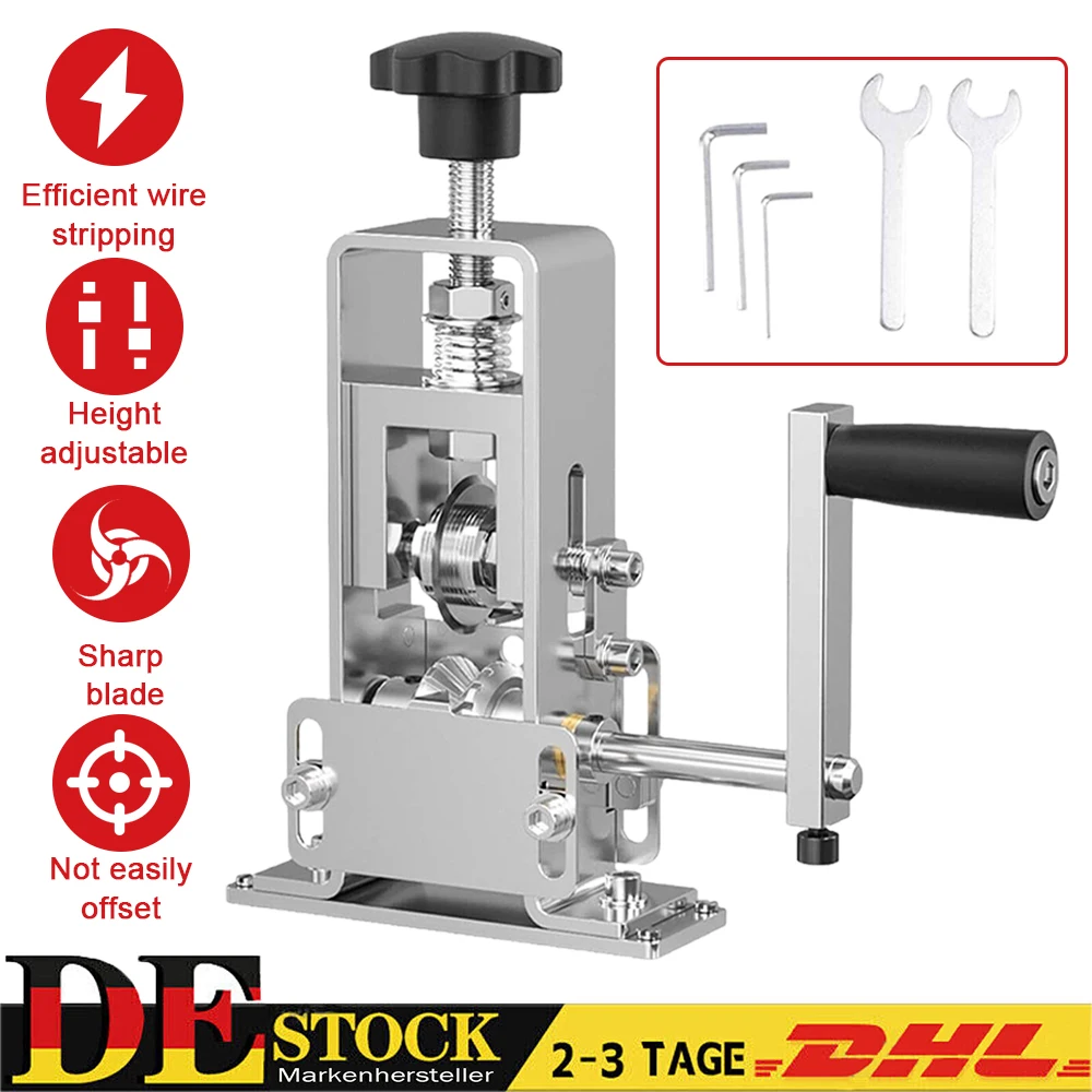 Pince à dénuder manuelle 1,5-25 mm, outil de dénudage portable pour câbles en cuivre, adapté à une utilisation manuelle ou à une fixation sur perceuse, avec rouleau antidérapant en V, lame trempée, polyvalente pour câbles torsadés, en cuivre et en aluminium.