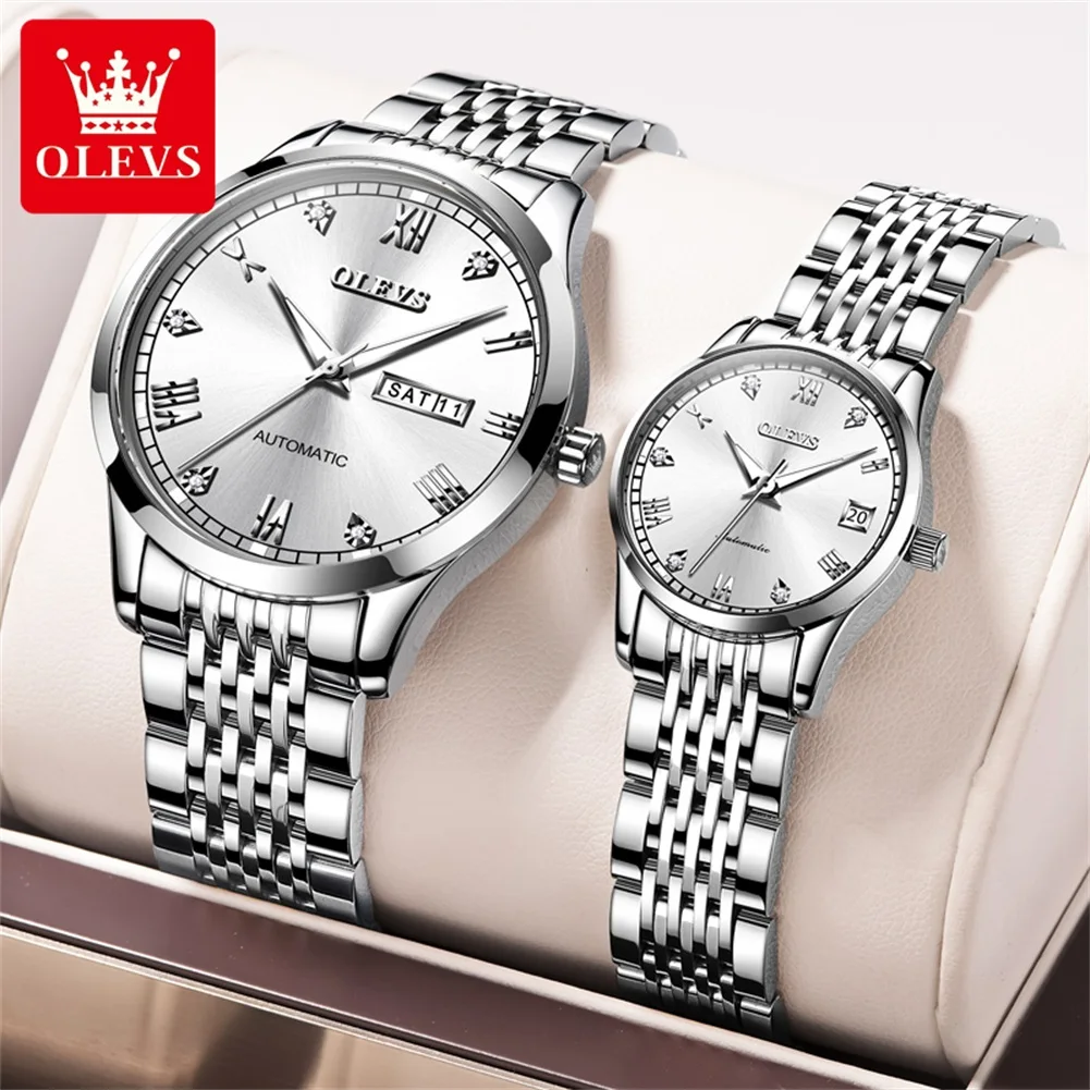 

OLEVS Couple Pair Watch Automatic for Men and Women His and Hers Watches Set Gifts Mechanical Self-Winding Tourbillon Big Face