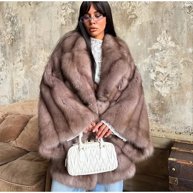 Women Patchwork Faux Fur Coat Elegant Contrast Full Sleeve Lapel Loose Long Staple Plush Jacket Winter High Street Outerwears