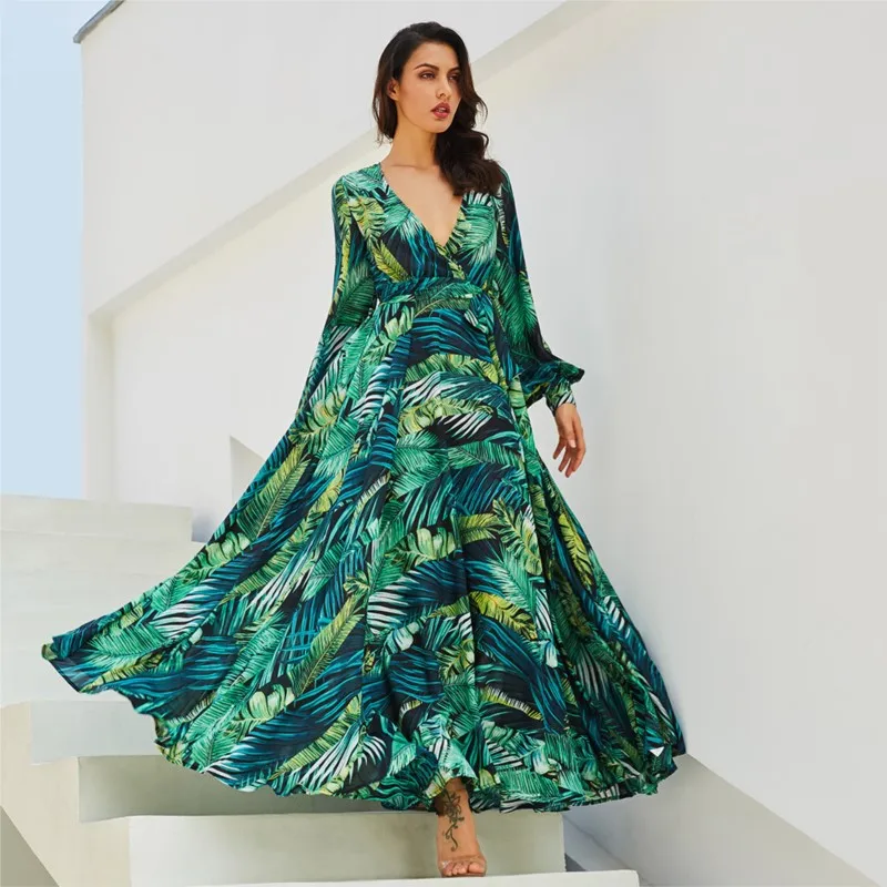 New dress lantern sleeves red leaf printed long skirt big swing