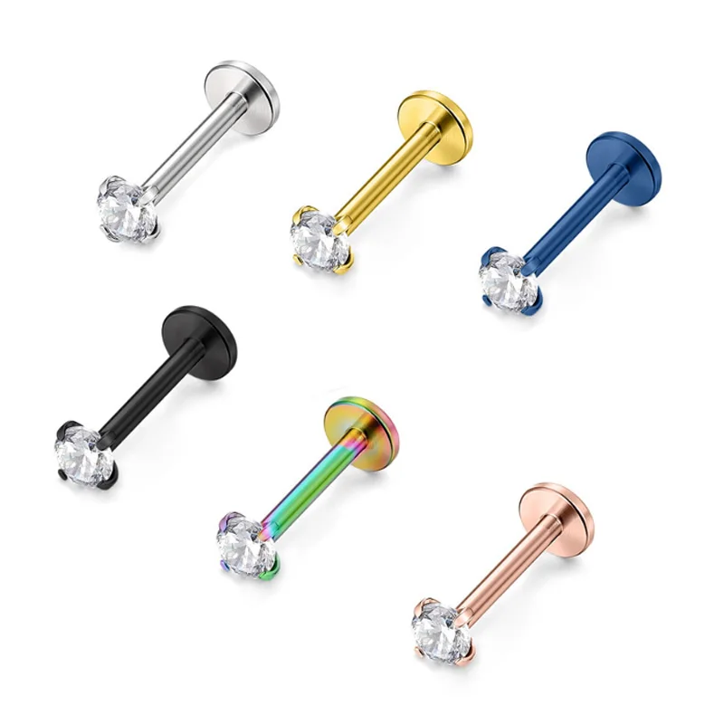 Punk Cubic Zirconia Lip Ring Stud 4 Prong 16G Titanium Steel Labret Piercing Bar Tragus Helix Piercing Body Jewelry