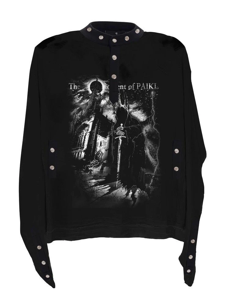 American Vintage Long Sleeve T-Shirt Punk Style Print Button Patchwork O-Neck Y2k Retro Top Women Streetwear Gothic Casual