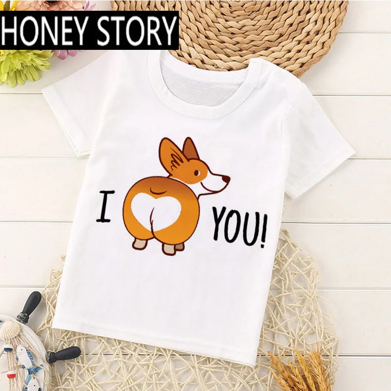 Europe and The United States Summer New Baby T-shirt Cartoon Animal Corgi Dog White Short-sleeved Top T-shirt Wholesale