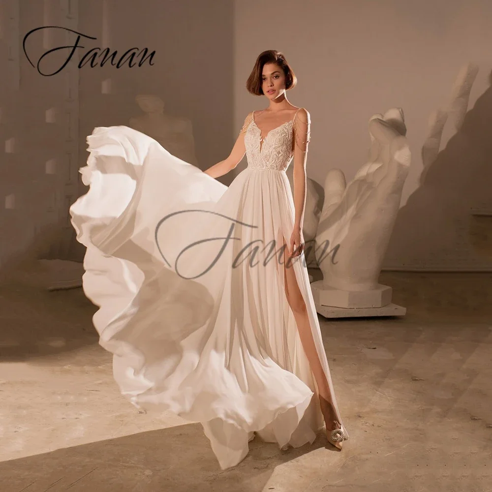 

Sexy Deep V-Neck A-Line Front High Split Wedding Dress Spaghetti Straps Beading Chiffon Lace Backless Prom Gown vestido de noiva