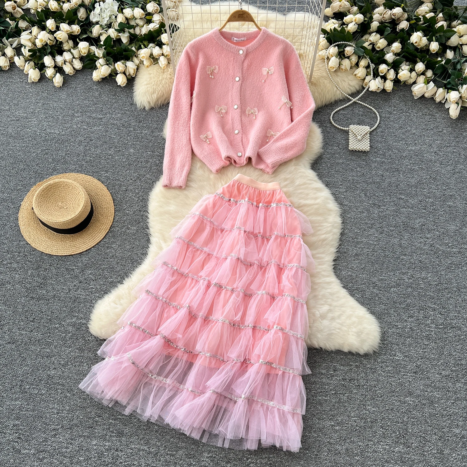 Small fragrant Wind Autumn Winter Sweater Two Piece Sets for Women Sweet Bow Beaded Knitted Cardigan and Long Skirt Suits Female