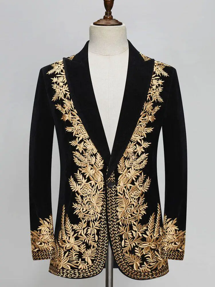 

Men's Fashion Peak Lapel Centipede Flower Full Embroidery Slim Suit Jacket High-end Stage Costume Male Singer Performance Blazer