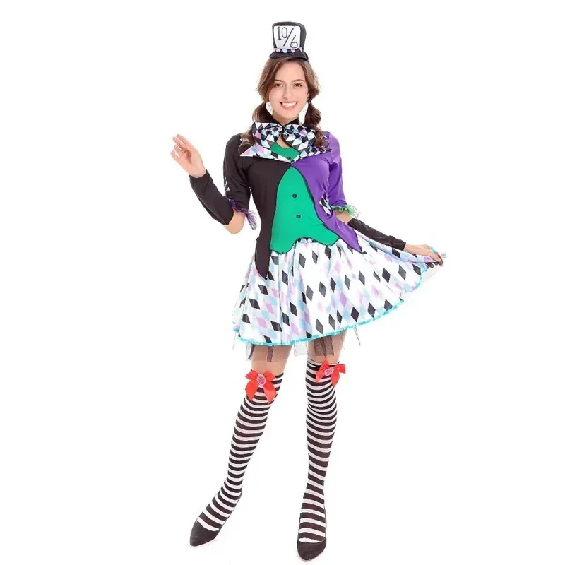 Anime Alice In Wonderland Clown Mad Hatter Maid Costume Halloween Carnival Party Magician Lolita Cosplay Dress lf[5