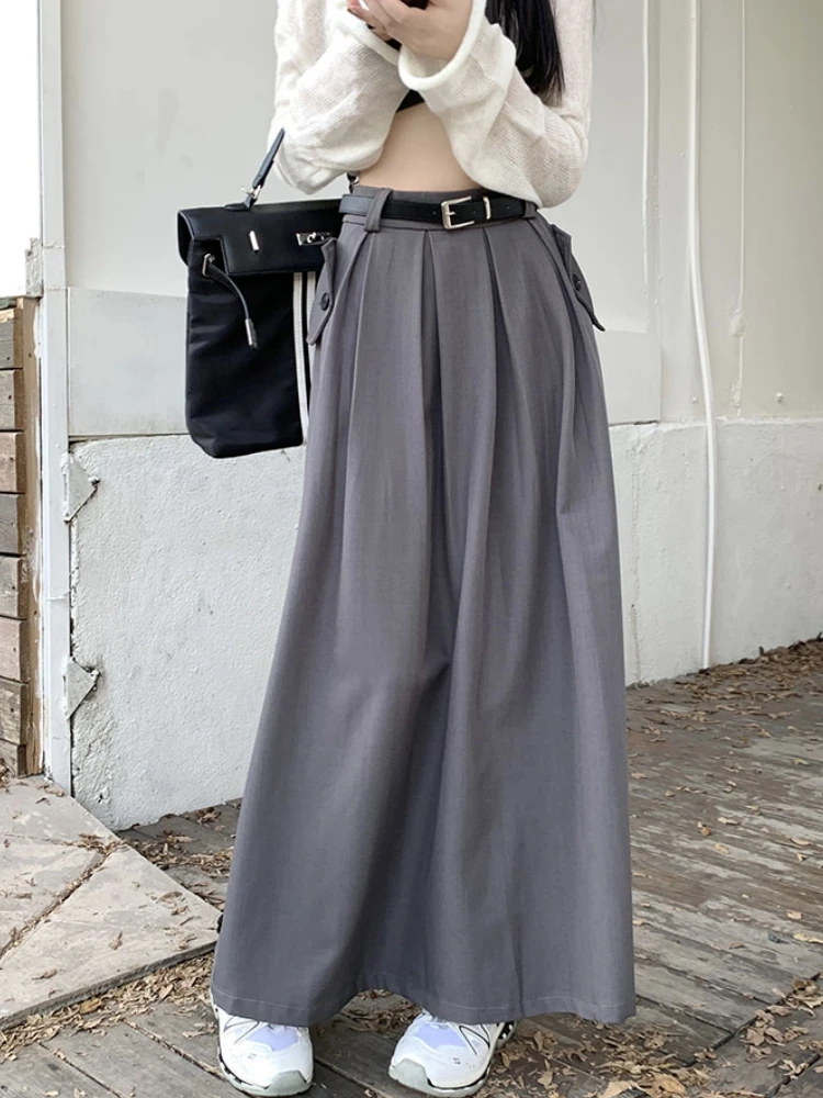 

Qiukichonson Grey Midi Long Skirts Womens Suit Skirts 2023 Autumn Winter Goth Lolita High Waist Pleated Skirts Maxi With Belt