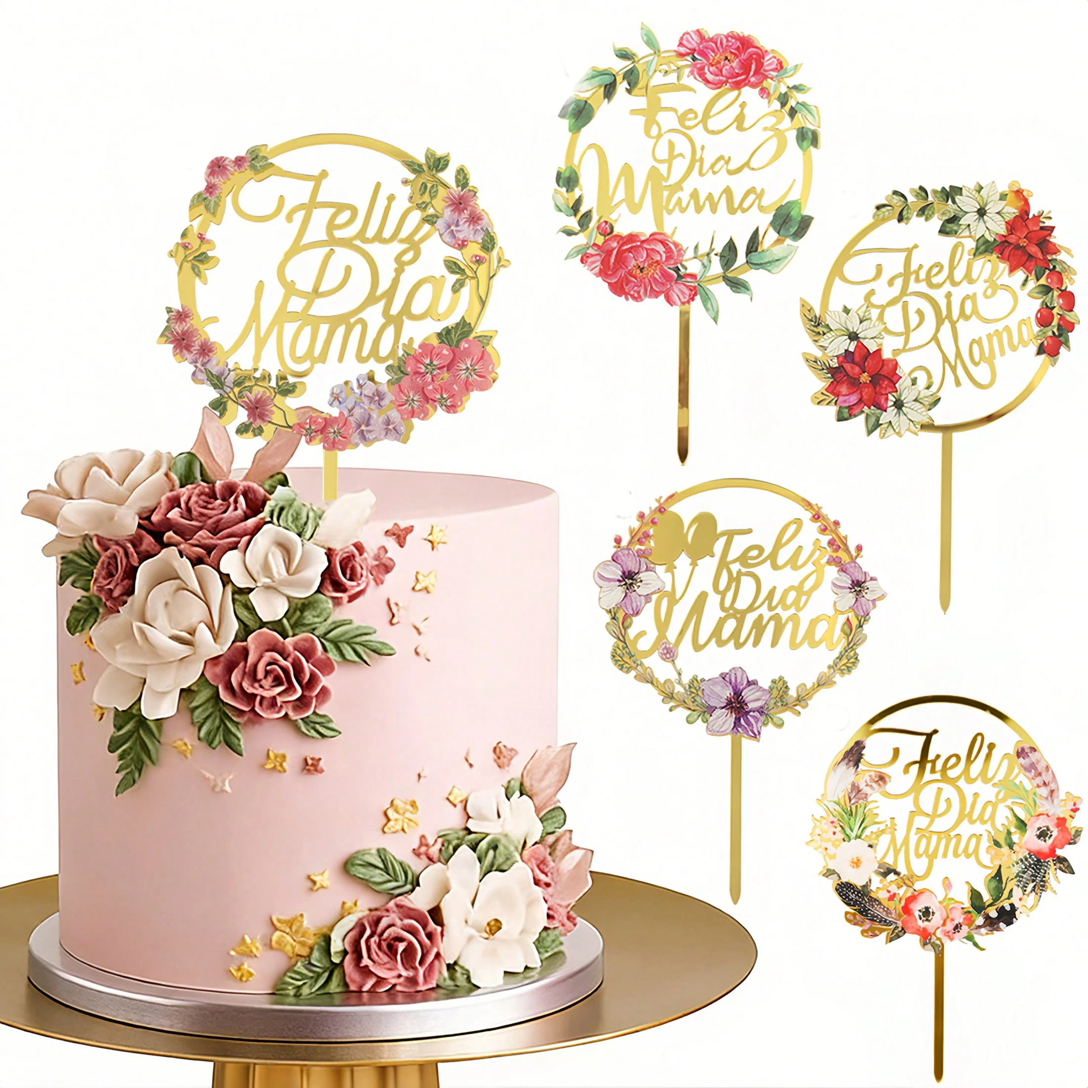 3/5 Piezas de Adornos Acrílicos para Pastel del Día de la Madre con Diseño de Flores y la Frase 'Feliz Día Mamá', Decoración para Pastel de Fiesta del Día de la Madre