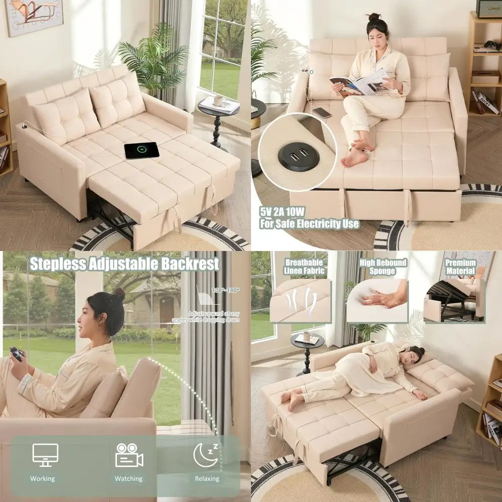أريكة نوم 3 في 1 قابلة للتحويل مع سرير قابل للسحب، تتميز بمقعدين ومسند ظهر قابل للتعديل وجيوب جانبية للراحة #1