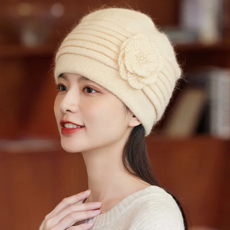 

Women Hat Winter Angora Knit Beanie Flower Pearls Double Layers Warm Soft Accessory For Autumn Outdoors Sports Cold Weather