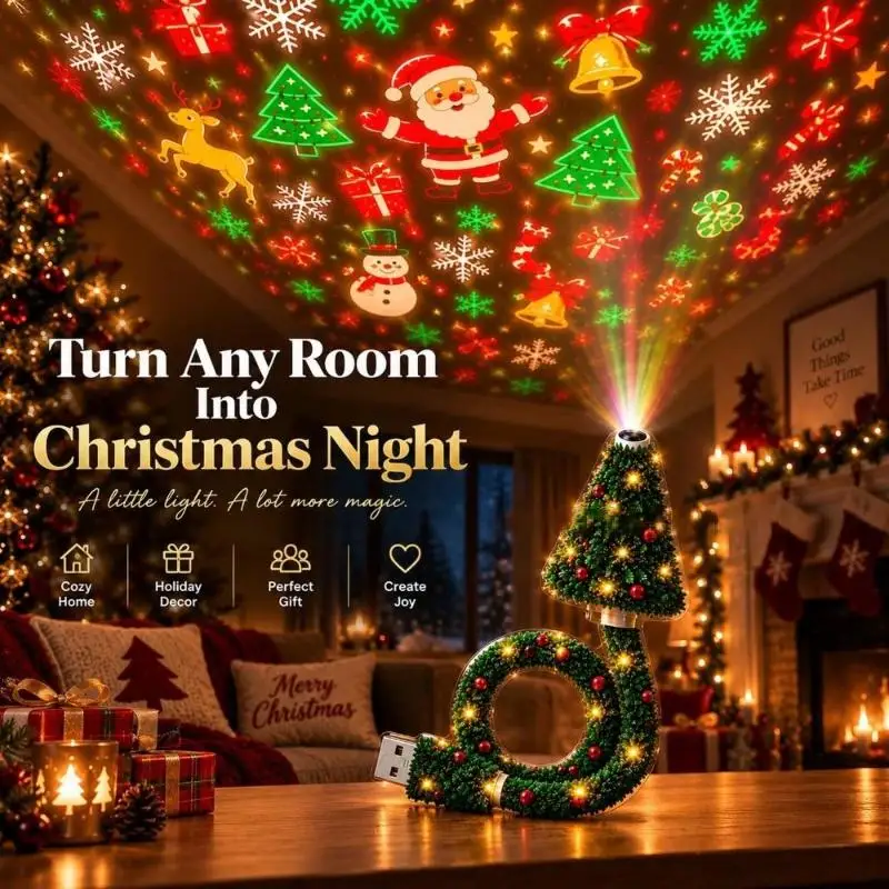 Christmas Projector Light USB Powered Christmas Night Lights With 6 Holiday Patterns Flexible Tree Lamp For Bedroom Ceiling