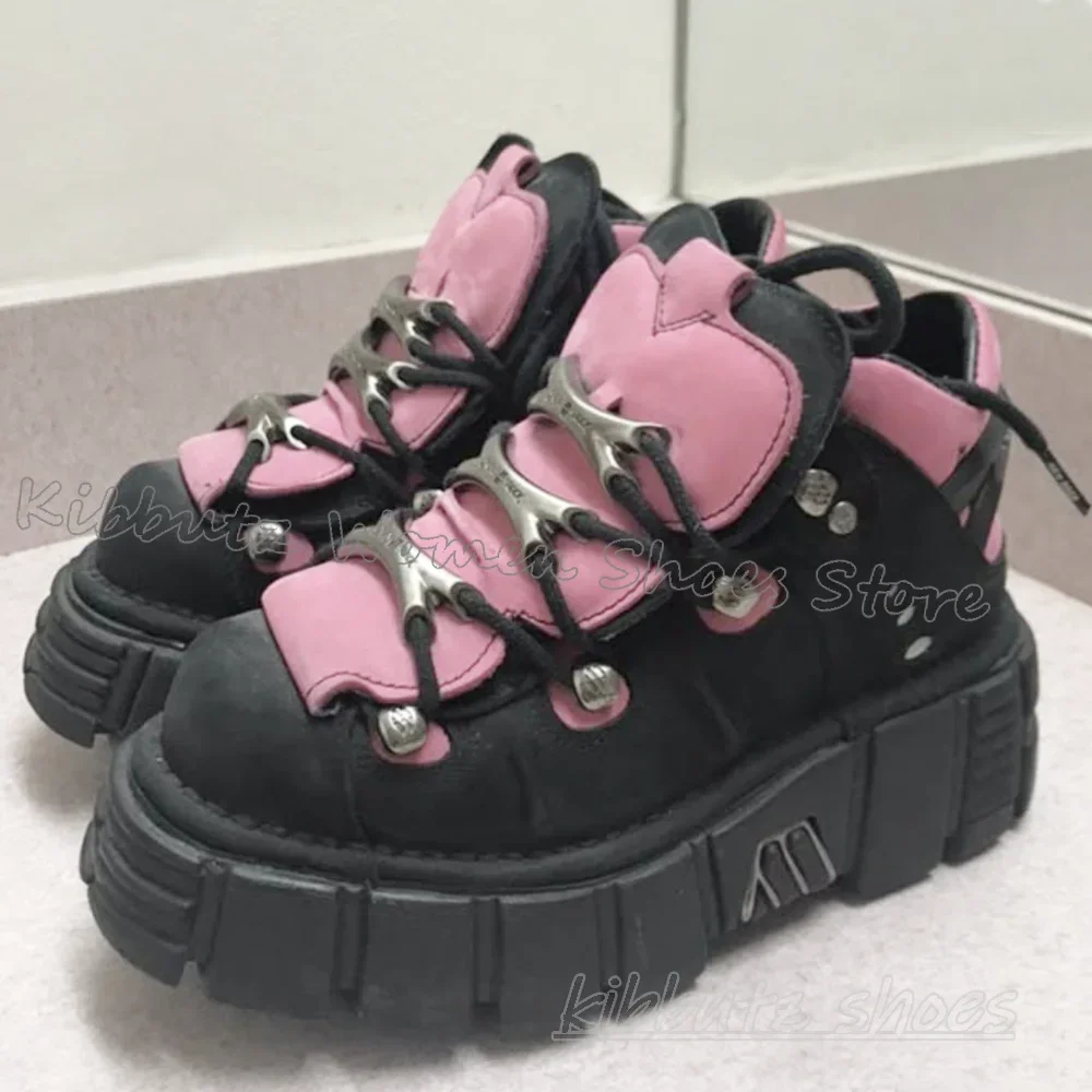 

Thick Bottom Sneakers Bubblegum Pink Platform Dark Rock Punk Round Toe Height Increase Lace-Up Fashion Novelty Hot Girls Shoes