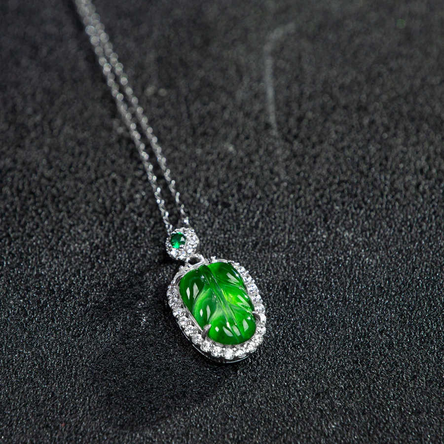 

TIMESWIND Fashion Natural A-type Green Jade Leaf S925 Silver Zircon Women Necklace with Certificate