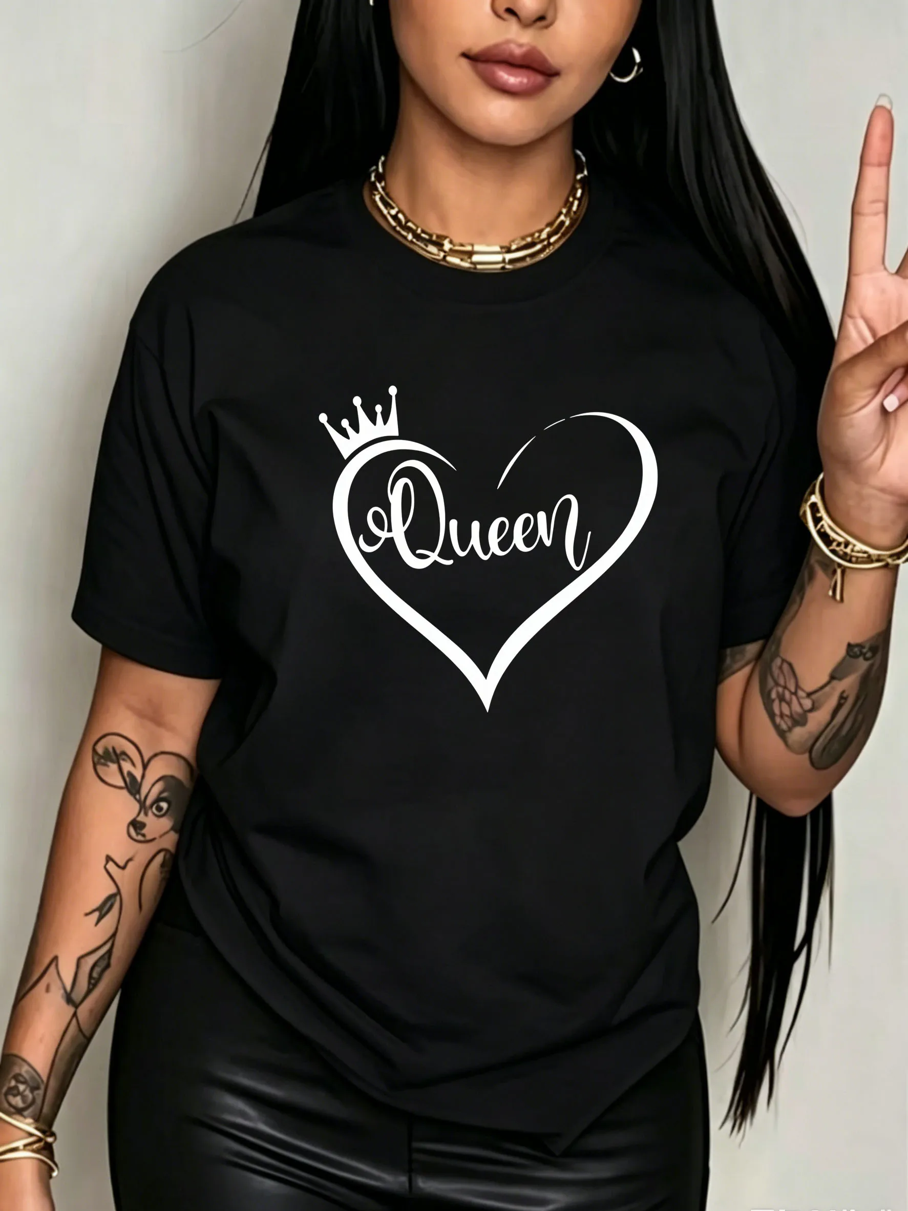 Women Queen Crown Heart Shape Letter Print T-Shirt Elegant Slogan Crew Neck Short Sleeve Casual Tee