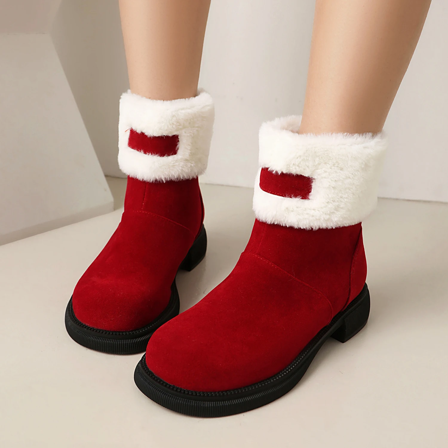 

2025 Winter Snow Boots Women's with Warm Fur Ankle Boots Flock Low Heels Shoes