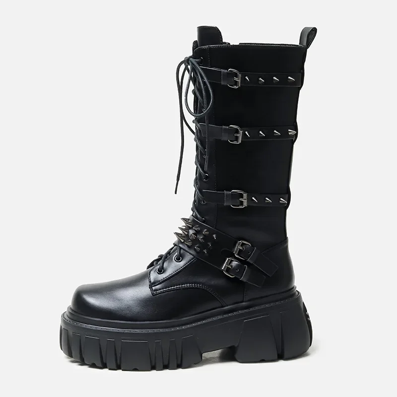 Black Rivet Motorcycle Boots Fashion Buckle Strap Women Booties Punk Lace Up Shoes Brand Design Slip On Cozy Leisure Botas Mujer