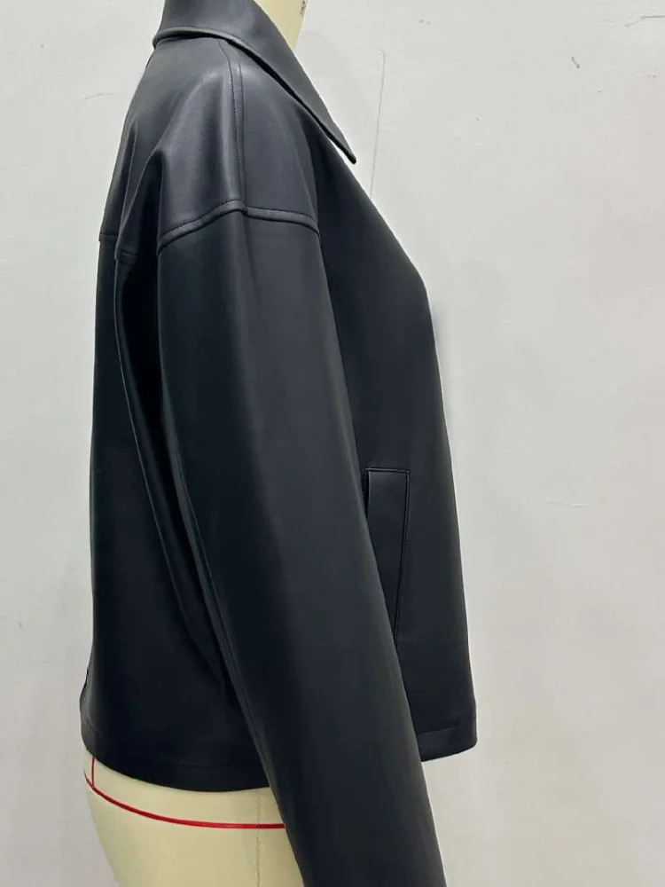 

Black Retro Short Leather Jacket Women Fashion Solid Lapel Full Sleeve Zipper Loose Outerwears Lady Daily Highstreet Jackets