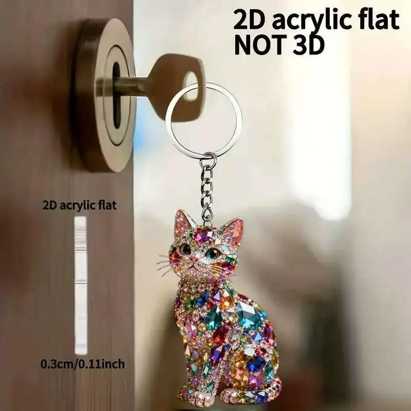 Cute Rhinestone Cat Keychain Mini Acrylic Bling Kitten Hanging Ornament 2D Flat Key Ring for Purse Car Keys Backpacks Handbags