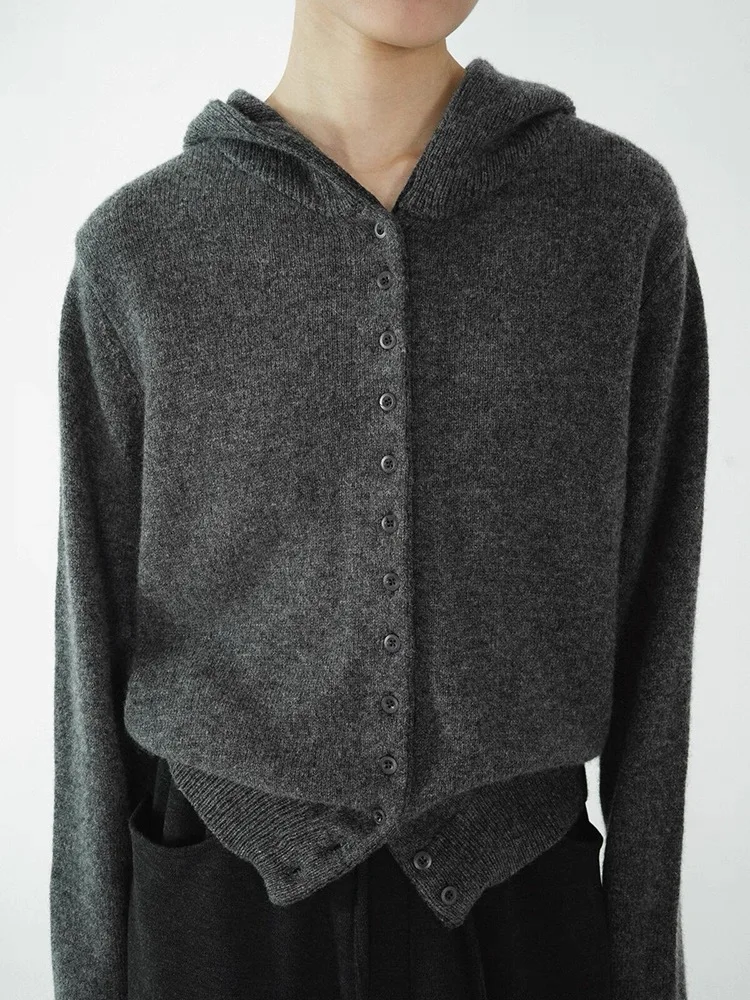 Podzim/zima 2025 nový dámský kardigan s kapucí, 100% čistý kašmírový svetr, evropská silná podzimní pletená bunda s kapucí - náhled 4