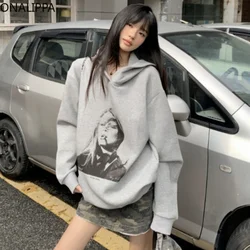 Onalippa Cartoon Printing Anime Hoodie Women Slouchy Style Vintage Long-sleeve Grey Sweatshirt Korean Chic Design Pullover