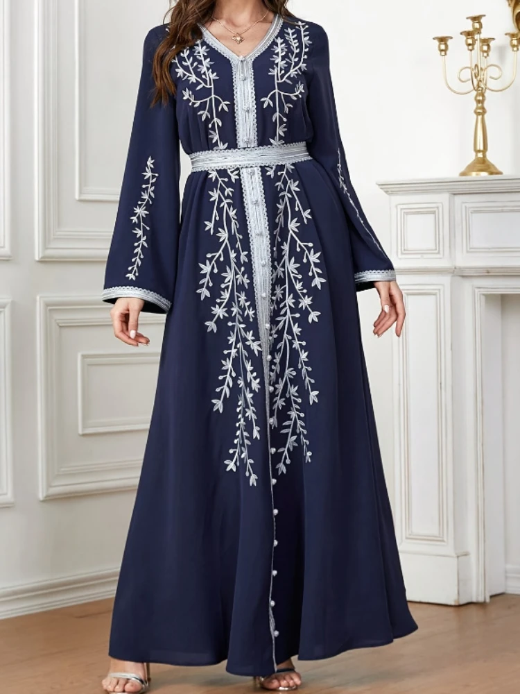 Eid Muslim Dress for Women Abaya Embroidery V Neck Abayas Dubai Jalabiya Party Dresses Kaftan Vestidos Largos Long Robe 2024