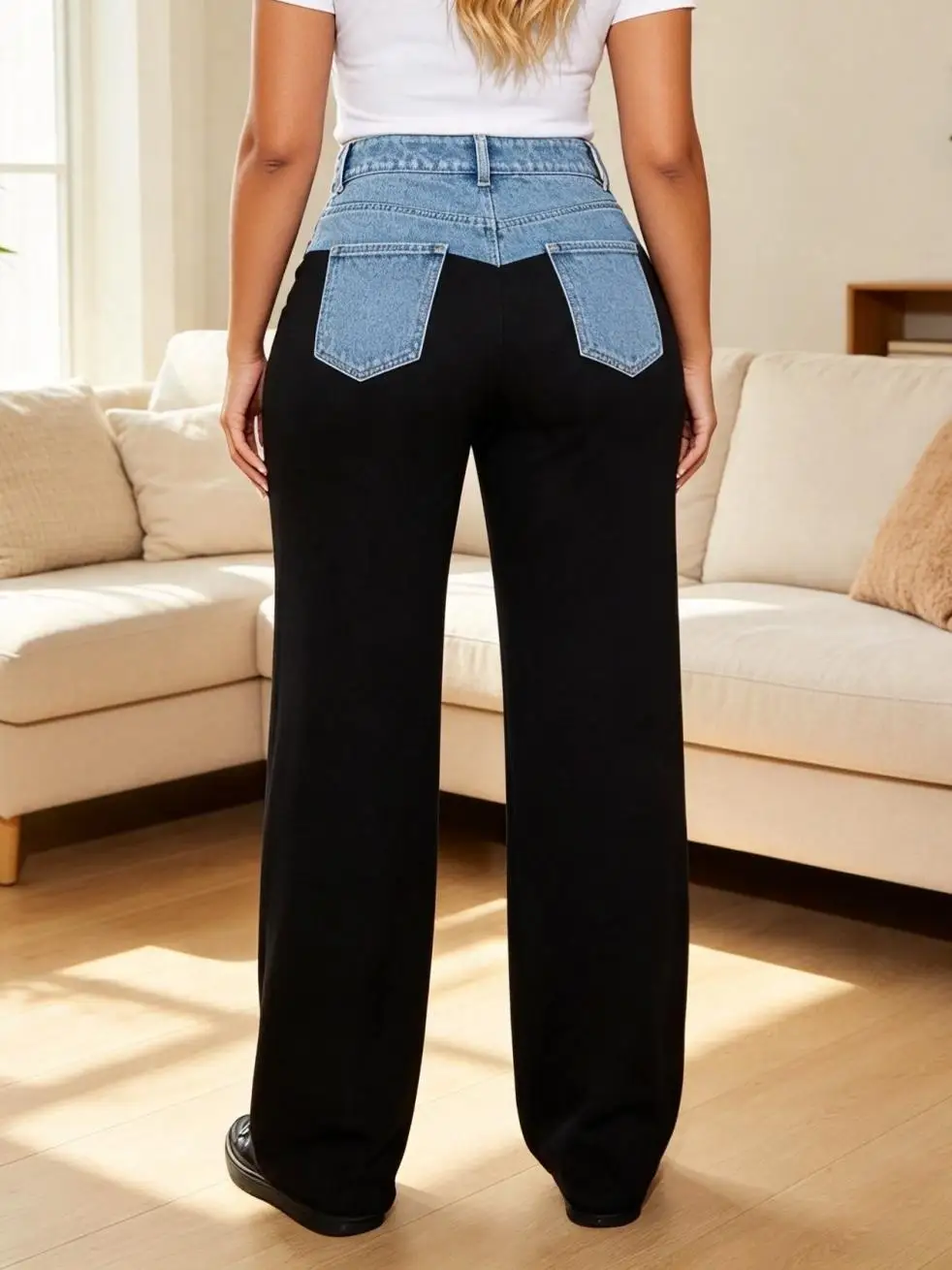 【HME】Jeans | Women Denim Yoke Patchwork Wide Leg Pants, High Waist Fake Two-Piece Two-Tone Denim Style Pants, Draped Black Trousers Body, Classic Five-Pocket Design, Flattering Loose Fit For Casual Work Daily Outfits