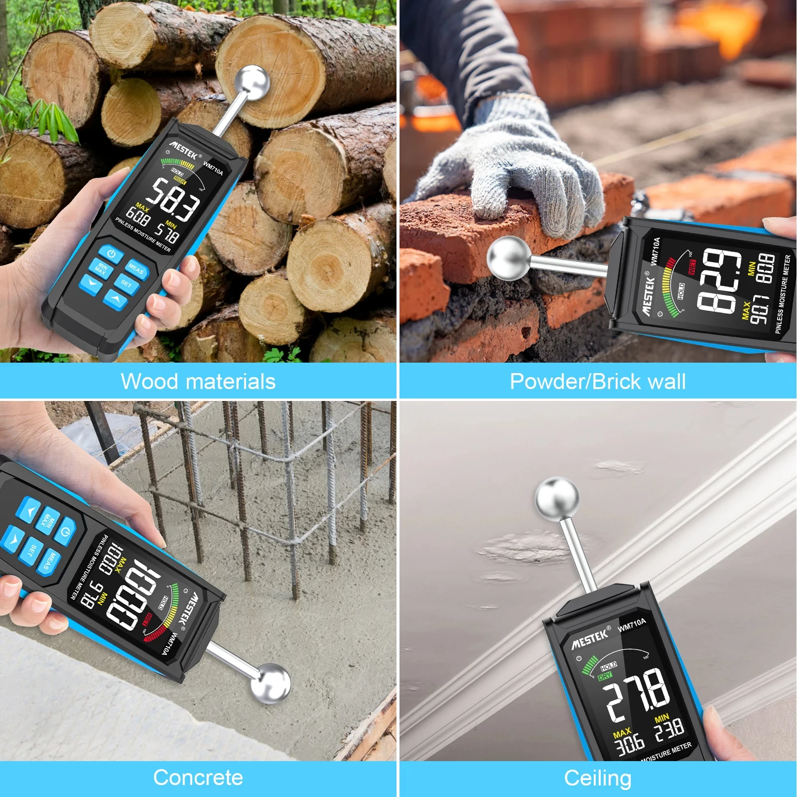 WM710A Digital Wood Moisture Meter Hygrometer Non-contact Timber Damp Detector Alarm Non-destructive Measurement Humidity Tester