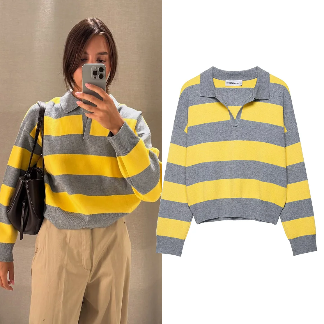 

EDSA женский полосатый вязаный свитер с воротником-поло, пуловеры с длинными рукавами, топы в рубчик с v-образным вырезом