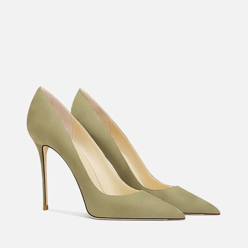 New Grass Green Suede High Heels for Female Queen, Sexy Pointed, Fine Heels, Versatile Commuter Single Shoes