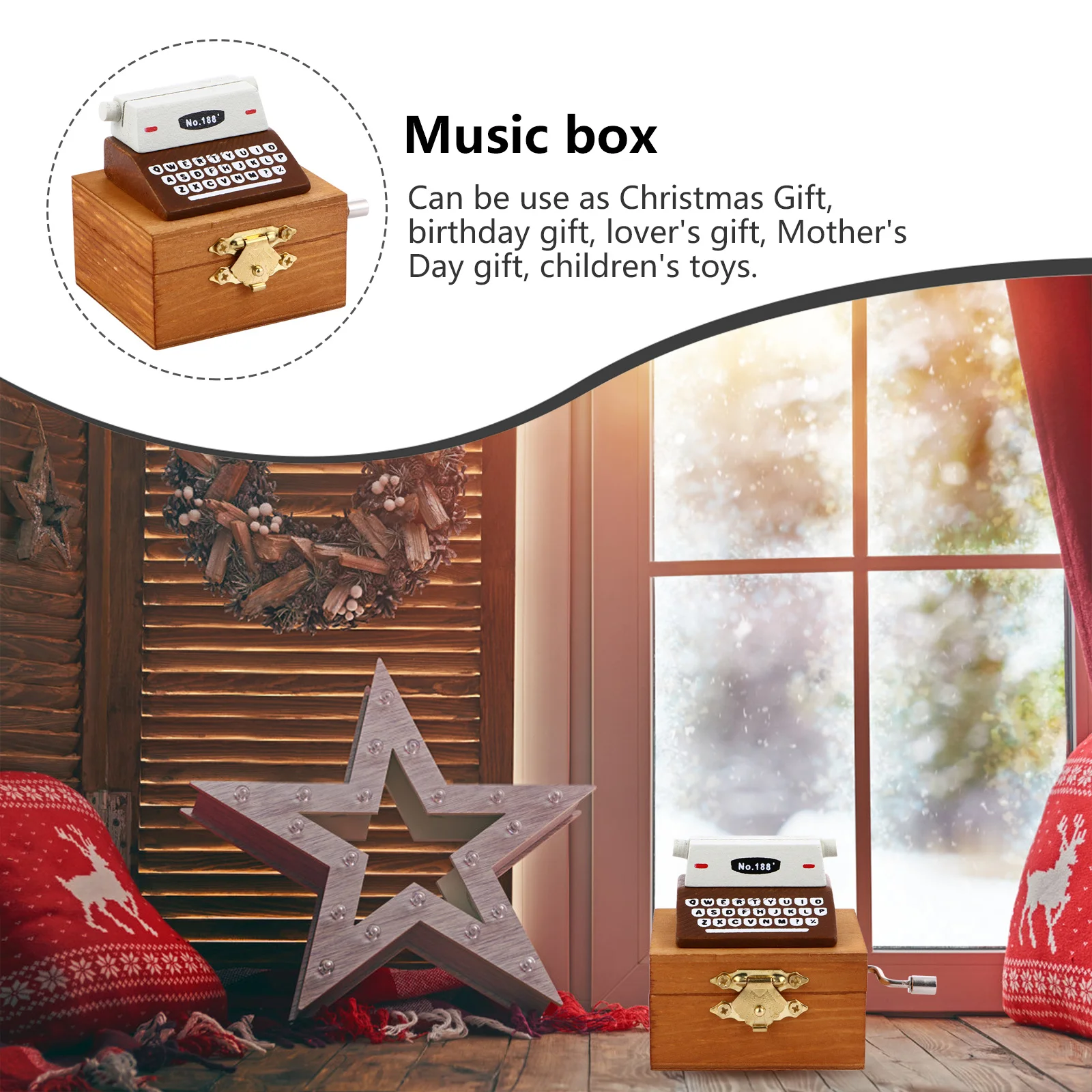 

1pc Hand Typewriter Music Box Retro Wooden Manual Musical Gift Mini Clockwork Music Box For Kids Adults No Required