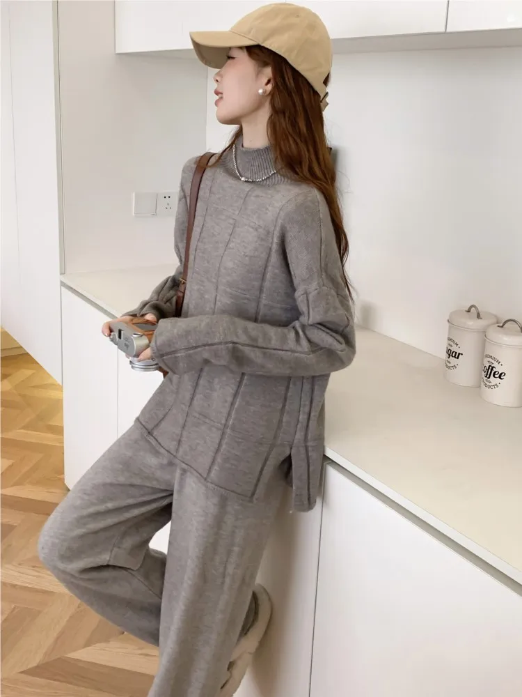 Autumn Winter Knitted Two Piece Set Tracksuit Pullover Women Loose Plaid Top Casual Pants Harajuku Warm Female Solid Clothes New