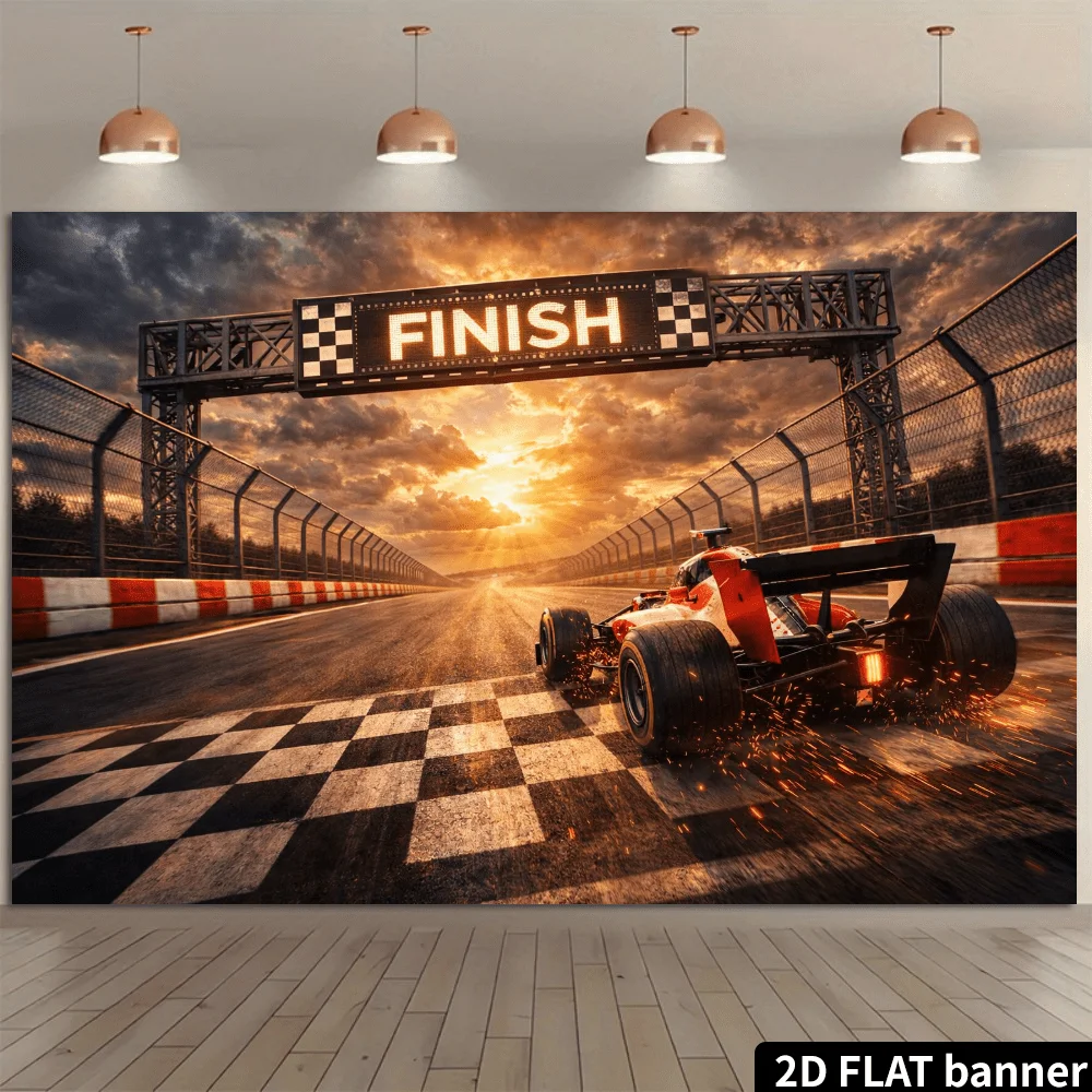 The background of the 2D 2D racing game's finish line features a sunset-themed track design, adorned with red sparkles DJH.
